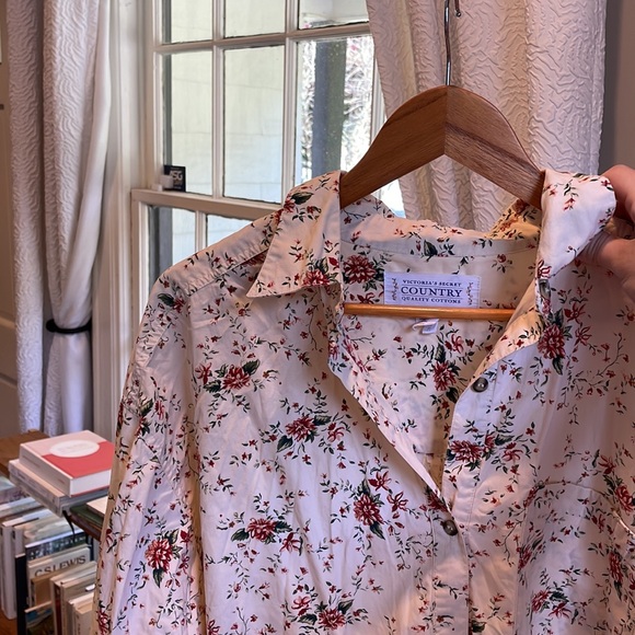 90s Vintage Victoria’s Secret Sleep Shirt Floral & Cream Button Up Pajamas - Picture 4 of 5